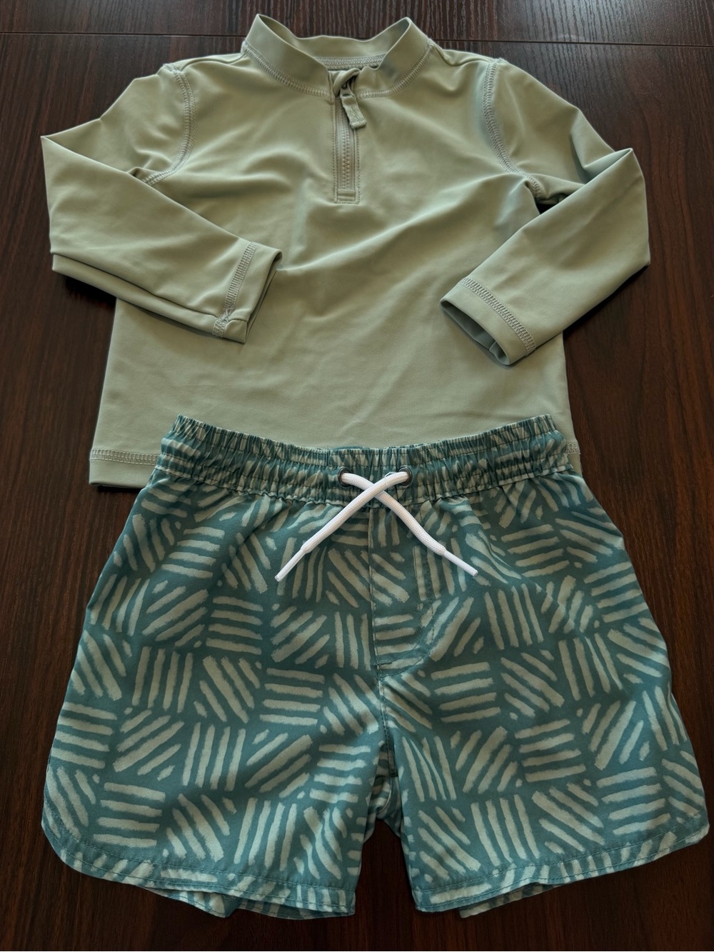Size 18M Sage Green Rash Guard Top with Teal and Sage Patterned Swim Short Set